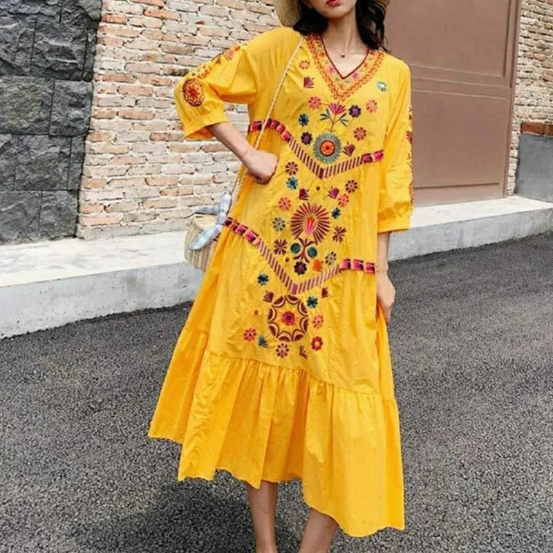 Boho Vintage Ethnic Style Embroidery Cotton Linen Long Dresses for Women 2023 Summer Trendy Fairy Loose Beach Holiday Dress Robe