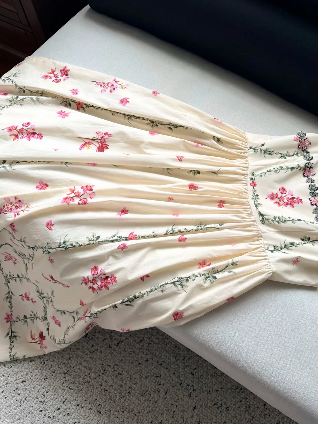 Women 100% Cotton Floral Print Square Collar Embroidery Flower Appliques Strap Midi Dress