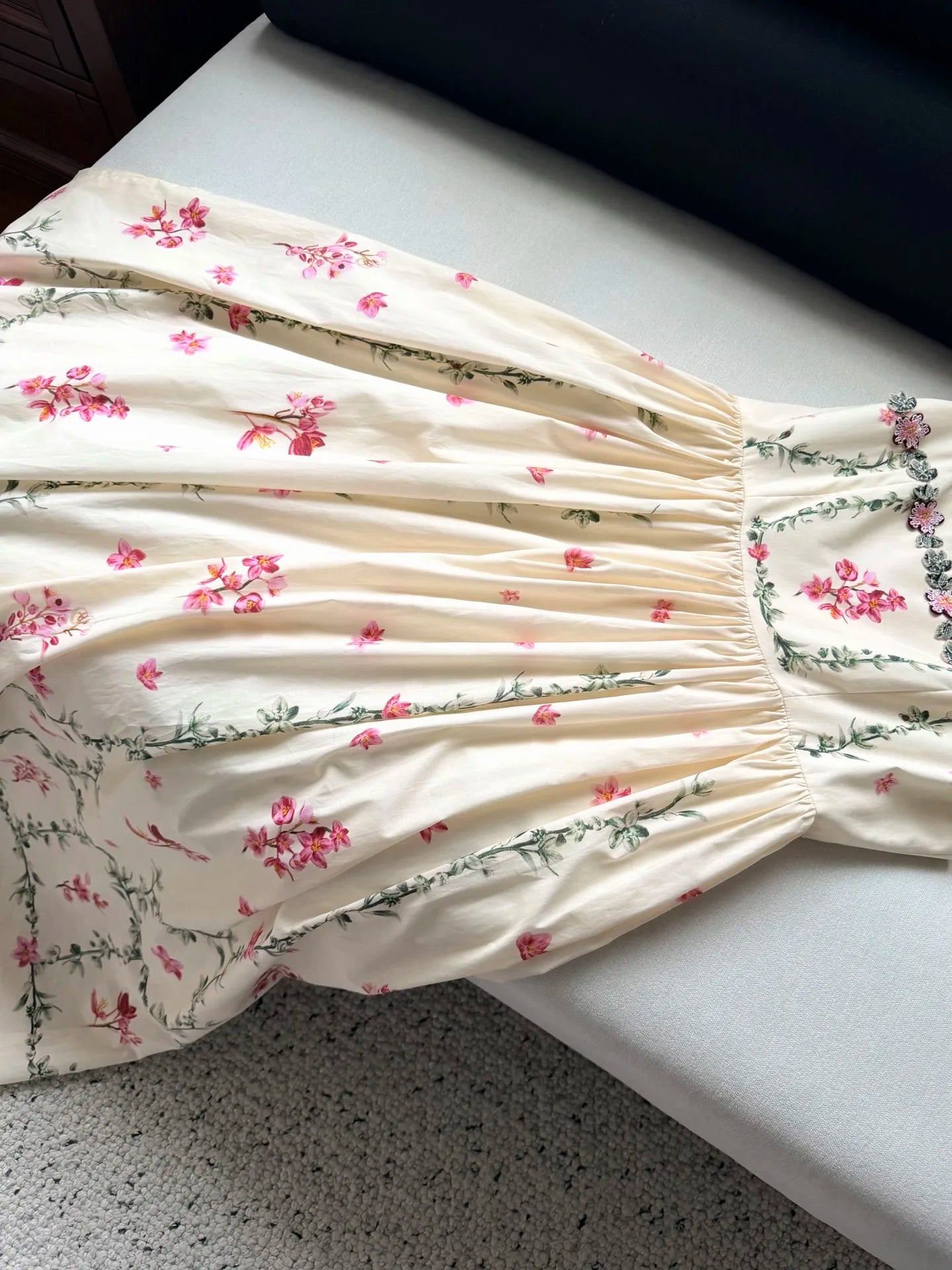 Women 100% Cotton Floral Print Square Collar Embroidery Flower Appliques Strap Midi Dress
