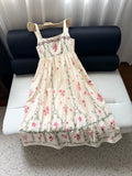 Women 100% Cotton Floral Print Square Collar Embroidery Flower Appliques Strap Midi Dress