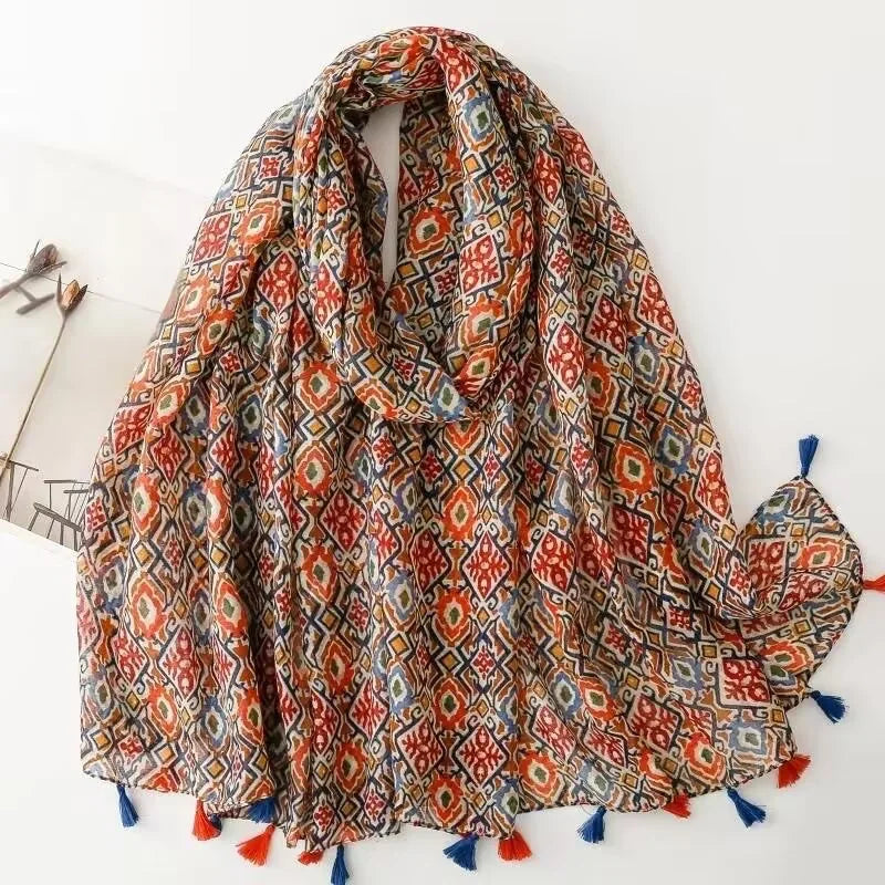 1 spring and summer new Bali yarn color printed scarf literary versatile thin ethnic style shawl scarf