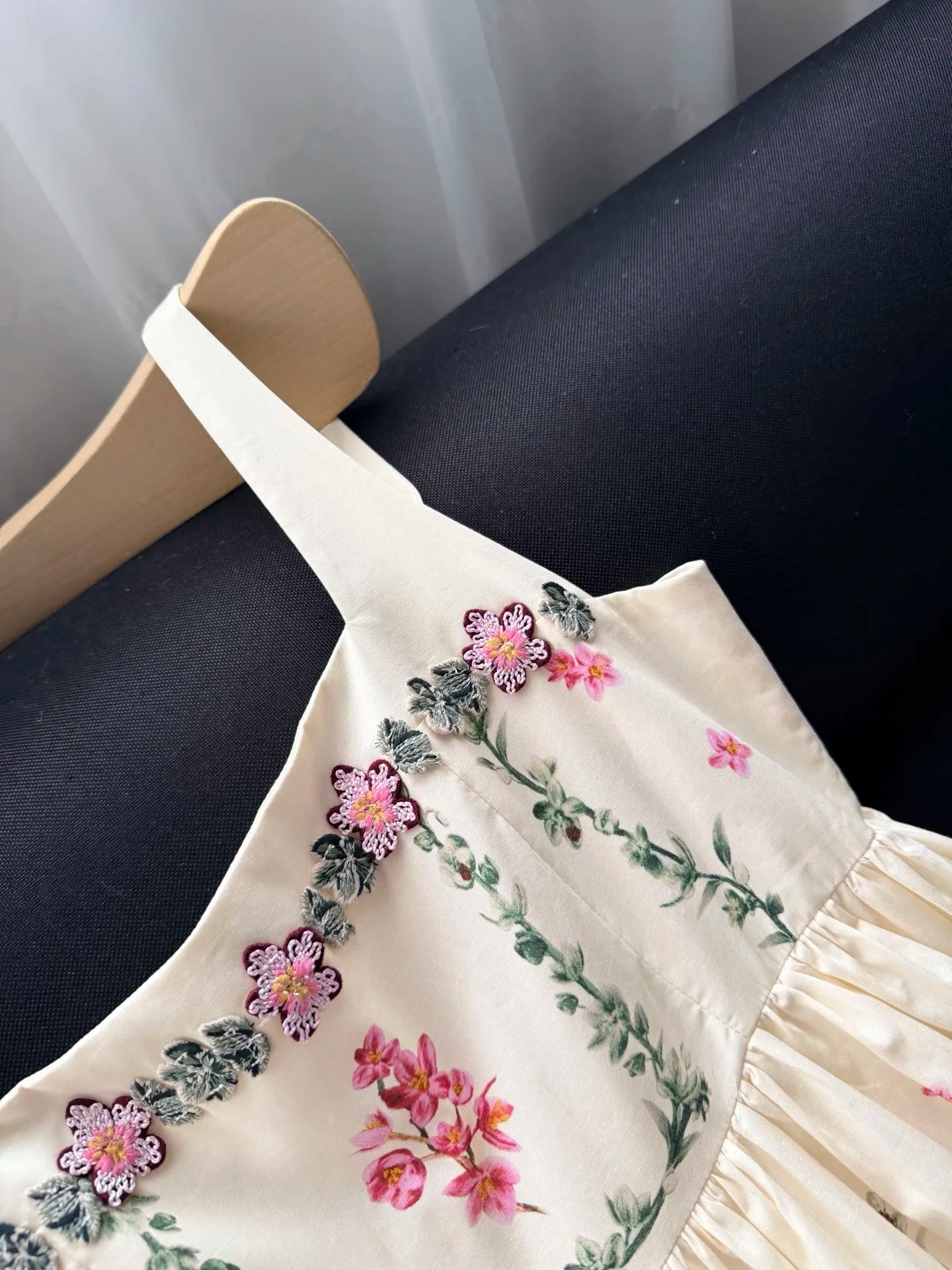 Women 100% Cotton Floral Print Square Collar Embroidery Flower Appliques Strap Midi Dress