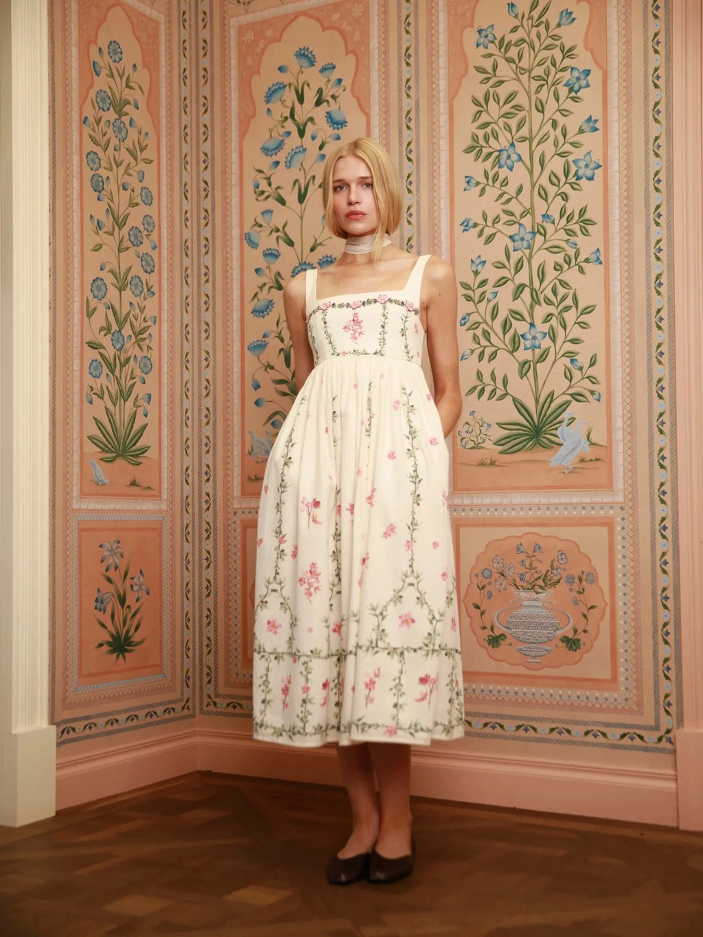 Women 100% Cotton Floral Print Square Collar Embroidery Flower Appliques Strap Midi Dress
