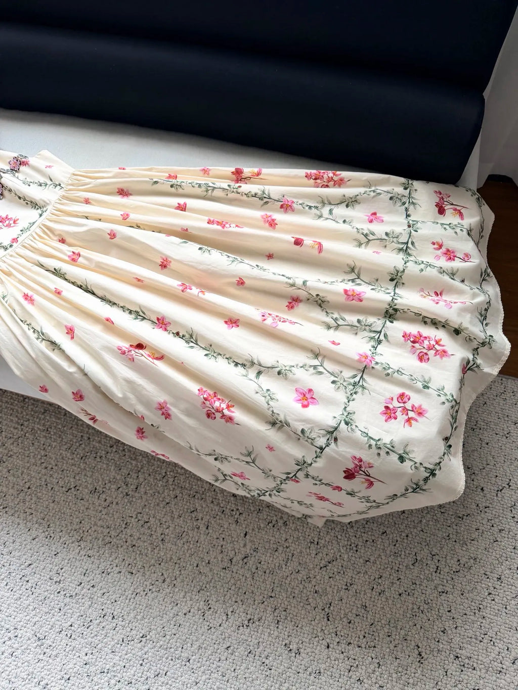 Women 100% Cotton Floral Print Square Collar Embroidery Flower Appliques Strap Midi Dress