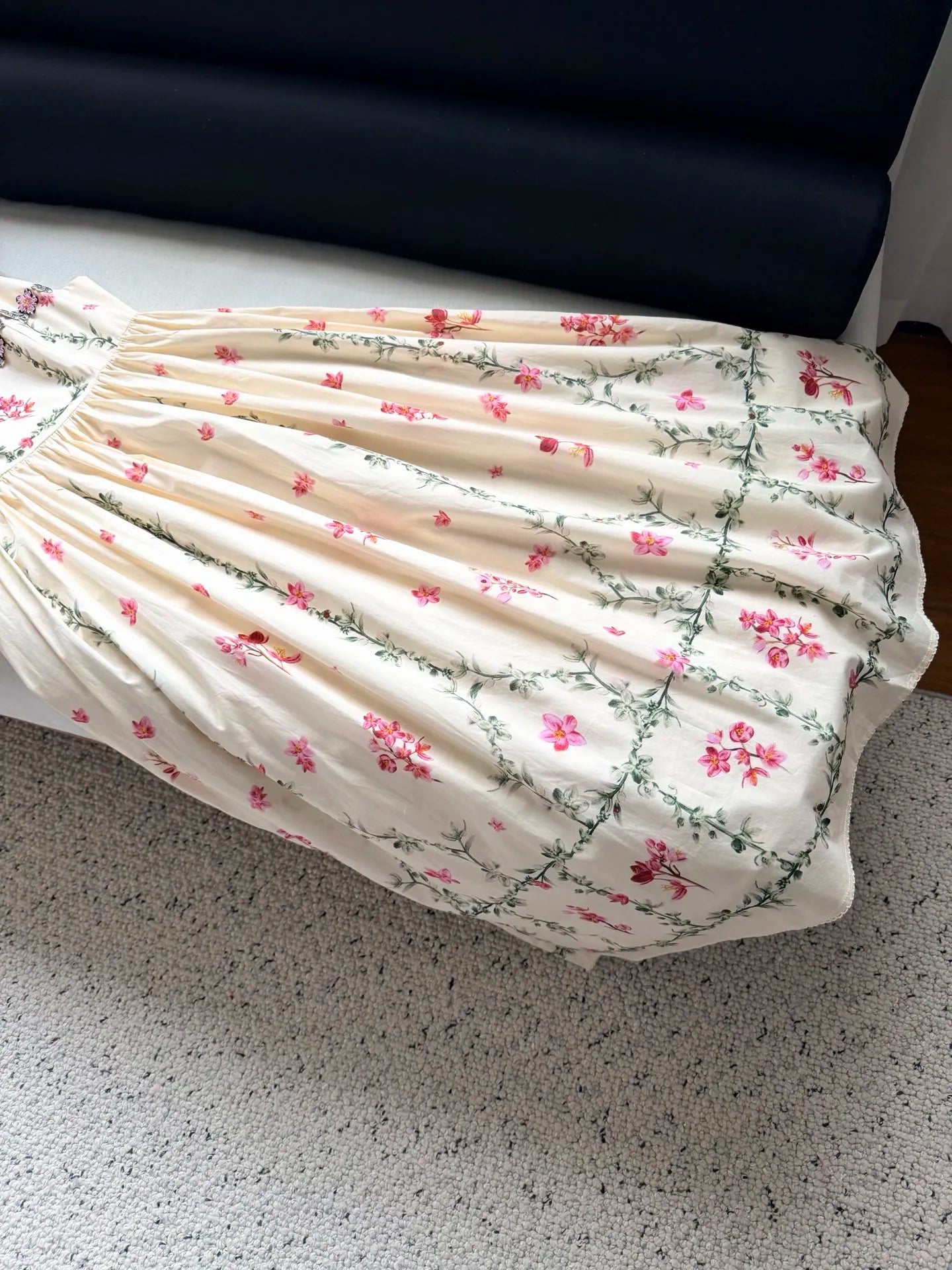Women 100% Cotton Floral Print Square Collar Embroidery Flower Appliques Strap Midi Dress