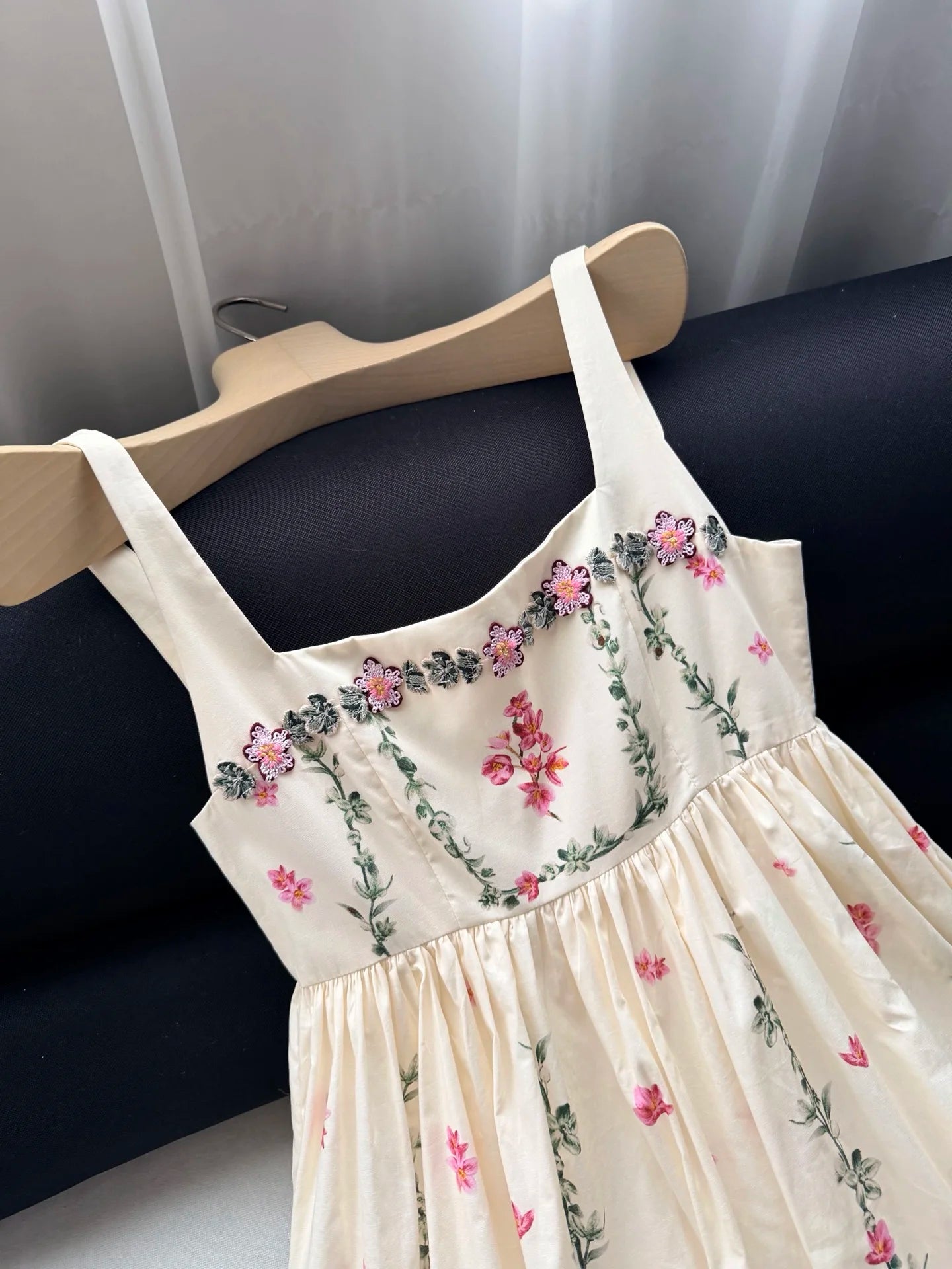 Women 100% Cotton Floral Print Square Collar Embroidery Flower Appliques Strap Midi Dress