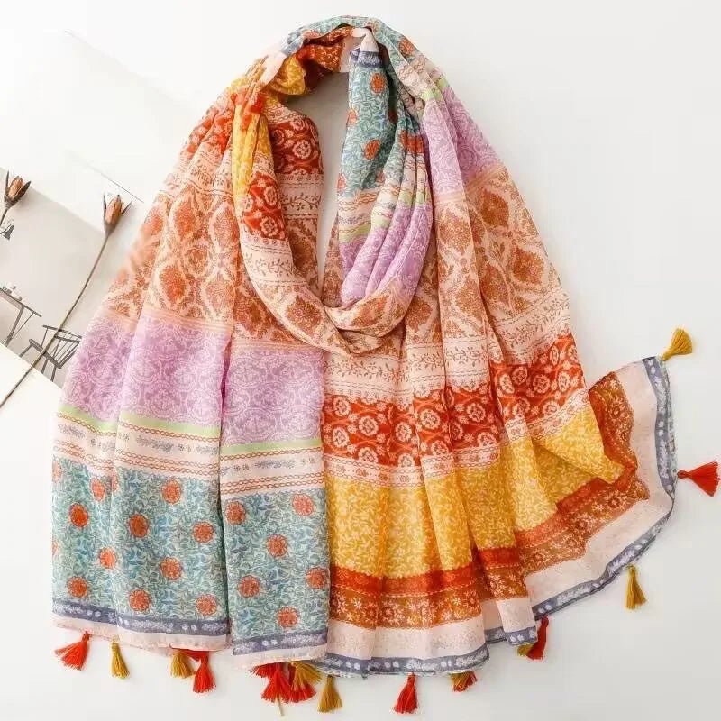 1 spring and summer new Bali yarn color printed scarf literary versatile thin ethnic style shawl scarf