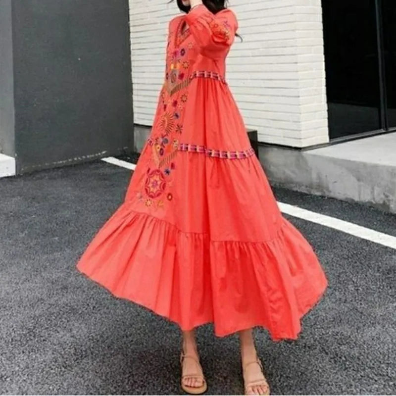 Boho Vintage Ethnic Style Embroidery Cotton Linen Long Dresses for Women 2023 Summer Trendy Fairy Loose Beach Holiday Dress Robe