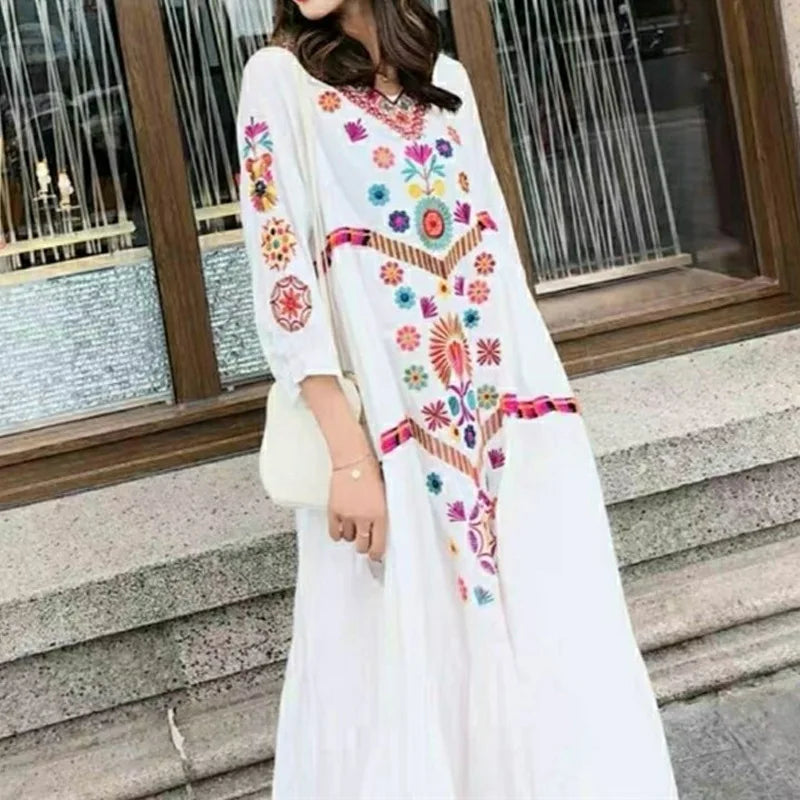 Boho Vintage Ethnic Style Embroidery Cotton Linen Long Dresses for Women 2023 Summer Trendy Fairy Loose Beach Holiday Dress Robe